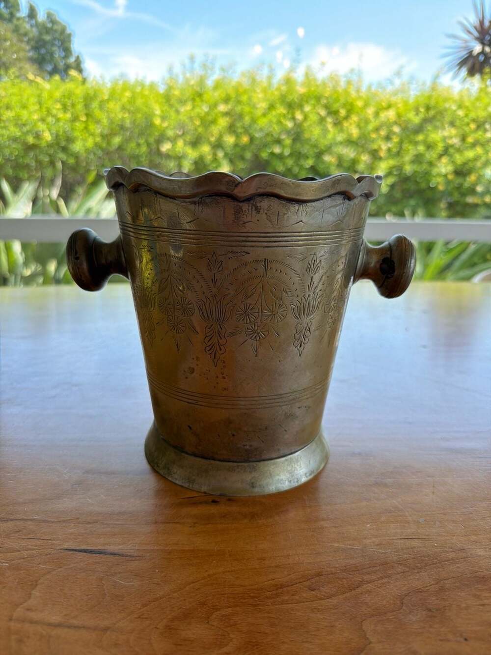 Vintage Etched Brass Ice Bucket with Scalloped Rim and Handles